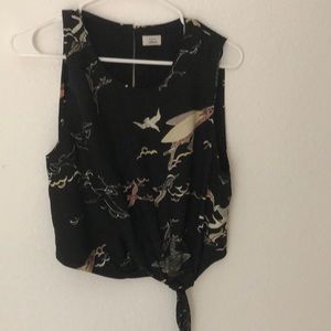ARITZIA Wilfred black bird print tie up shirt